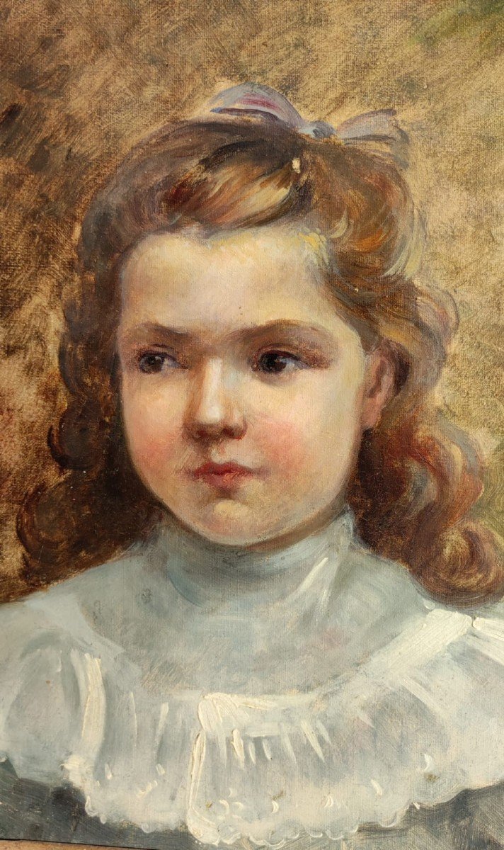 Lovely Portrait Of A Little Girl, Circa 1900 Oil On Canvas-photo-3
