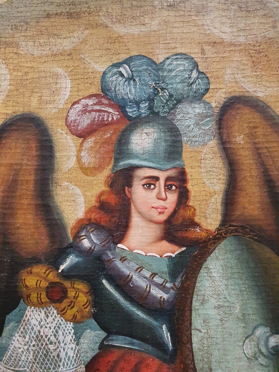 Huile Sur Toile Ecole De Cuzco Fin XIXe Ange Arquebusier Escuela Cusqueña-photo-3