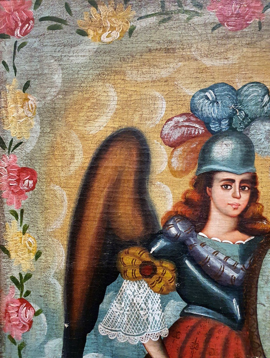 Huile Sur Toile Ecole De Cuzco Fin XIXe Ange Arquebusier Escuela Cusqueña-photo-2
