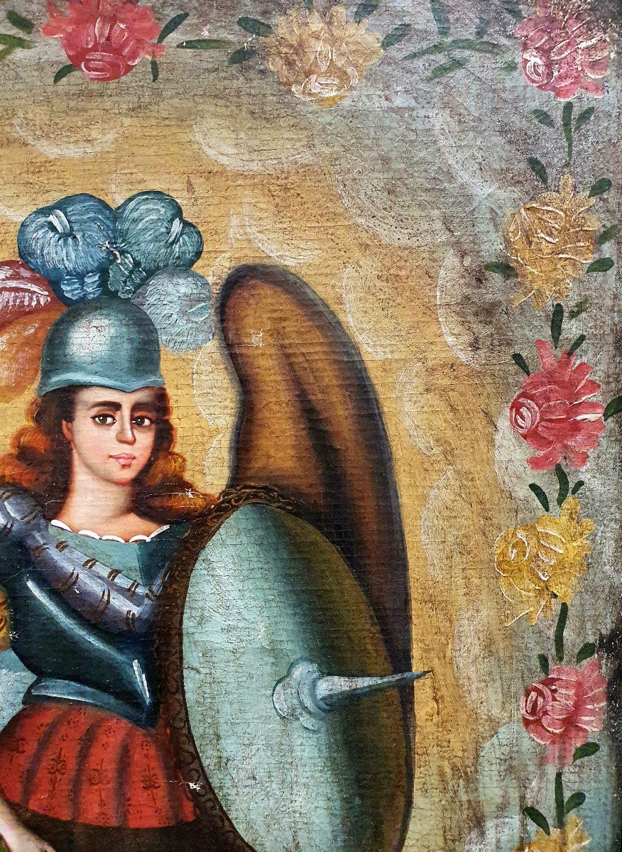 Huile Sur Toile Ecole De Cuzco Fin XIXe Ange Arquebusier Escuela Cusqueña-photo-3