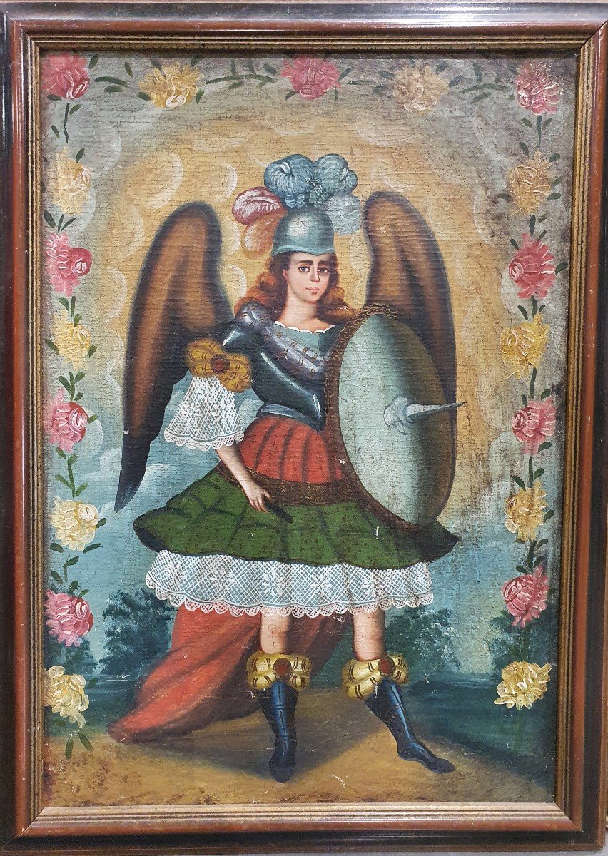 Huile Sur Toile Ecole De Cuzco Fin XIXe Ange Arquebusier Escuela Cusqueña