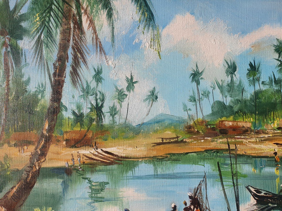 Tableau Huile Sur Toile Paysage Africain Signée Maurice Fievet (1915-1997)-photo-1