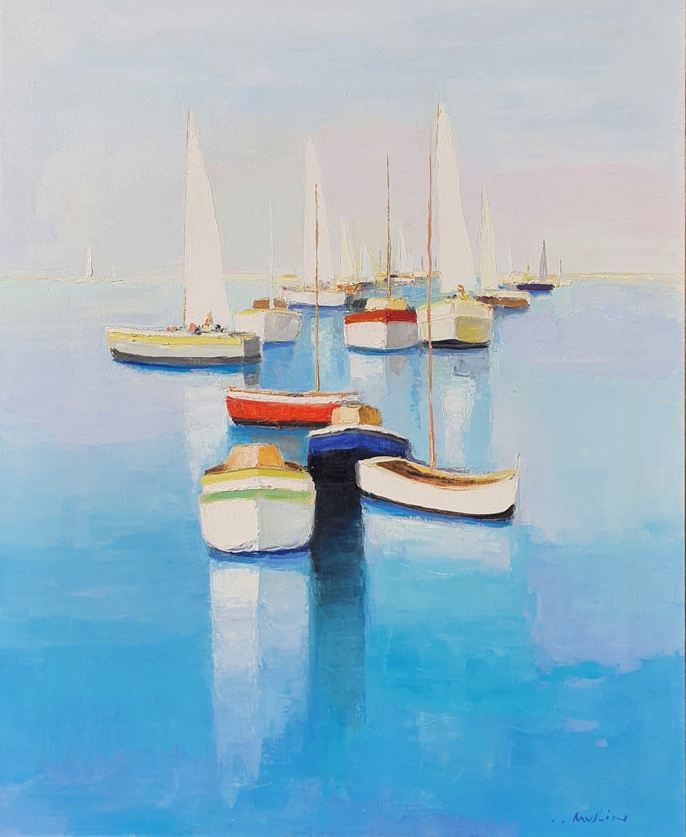 “Lumière Méditerranéenne " grande huile sur toile Marine Joseph Muslin-photo-2