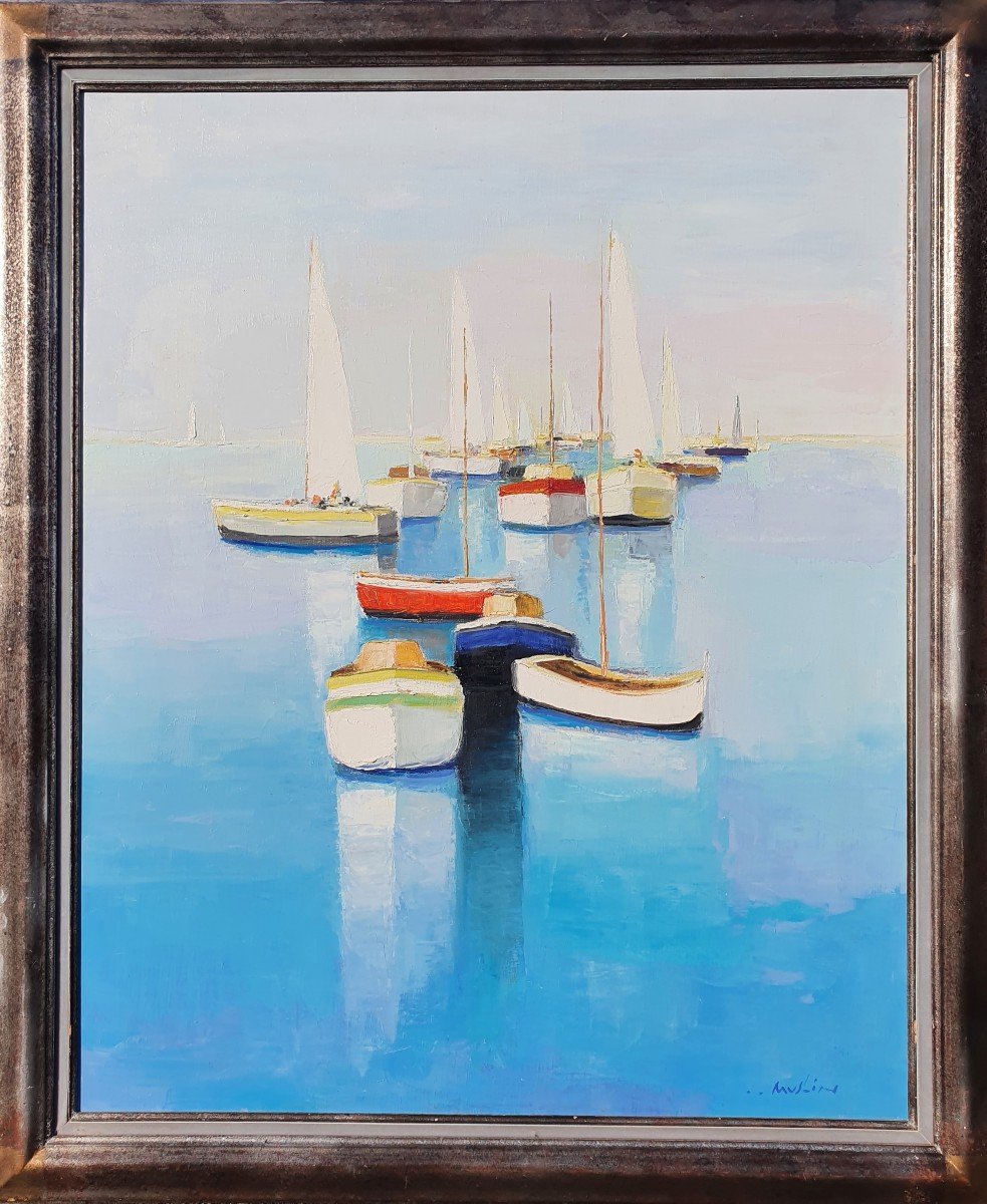 “Lumière Méditerranéenne " grande huile sur toile Marine Joseph Muslin