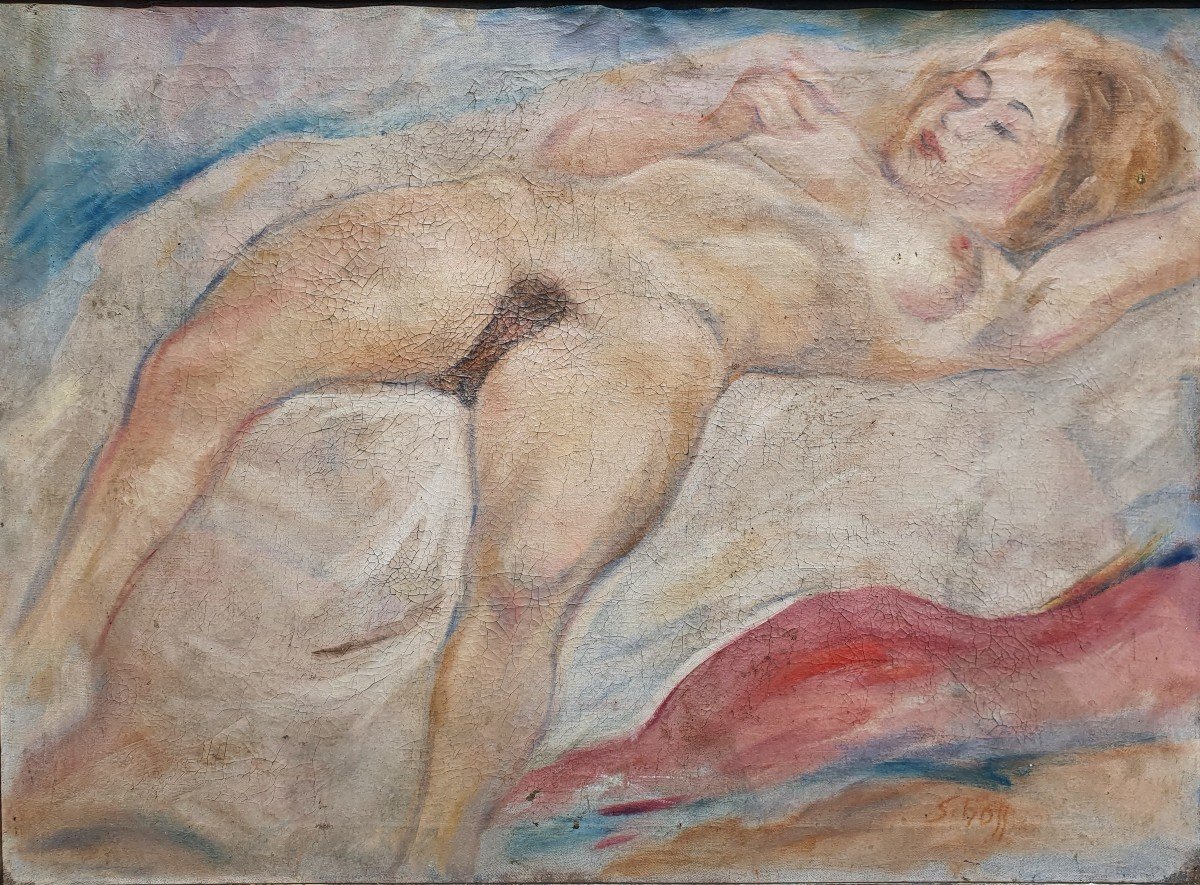Erotic Female Nude Portrait Signed Otto Schoff (1884-1938) Painting Oil On Canvas XXth