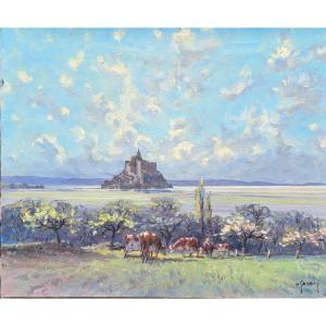 Mont Saint Michel Painting Signed André Gardin (1918-1959) Marine Normandy Brittany