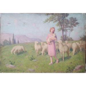 Tableau Religieux Etienne Azambre (1859-1935)  Le Christ En Bon Pasteur Impressionniste