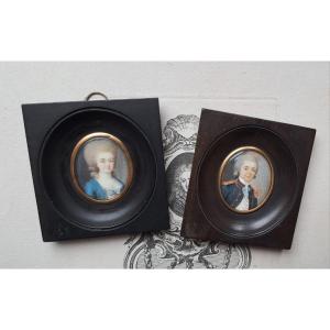 Two Louis XVI Period Miniatures, Portrait Of Woman And Man Of The Nobility