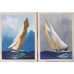 Deux Gouaches Signées Léon Haffner Peintre Officiel De La Marine Regate Voilier