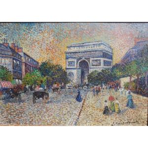 Luminous Pointillist Painting By Lucien Neuquelman (1909-1988) Arc De Triomphe Champs-elysées