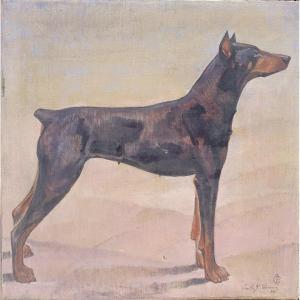 Large Dobermann Dog Painting Signed Emile Joseph Patoux (1893-1985) Belgian Painter