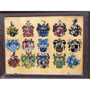 Originale Gouache Fin XIXe Représentant 15 Blasons Ou Armoiries à Identifier Héraldique