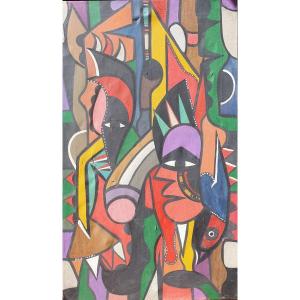 François Iloki (1934-1993) School Of Poto-poto Brazzaville Congo African Painting