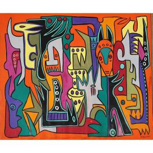 François Thango (1936-1981)  Ecole De Poto-Poto Brazzaville Congo Tableau Africain Pierre Lods
