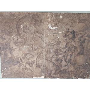 Grande encre dessin XVIe 16e  Antonio TEMPESTA BAROQUE ITALIE Chevaux Florence guerre 