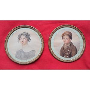 2 portraits d'enfants romantique 19e charles X miniature petit garçon petite fille cadre rond 