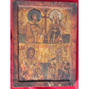 Russian Icon, 17th-18th Century, Orthodox Religion, Christ, Gilded Wood, Saints, Catholic, Oil Portrait 