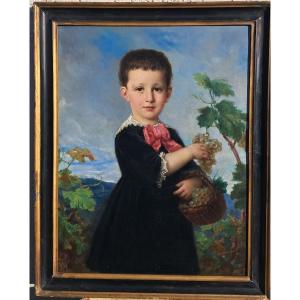 Portrait enfant petite garçon petite fille huile Napoléon III XIXe vigne raisin noble noblesse 