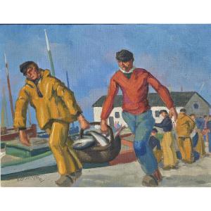 Emile Guillaume (1900-1975) Return From Fishing Painting Brittany Meheut Creston 20th Century