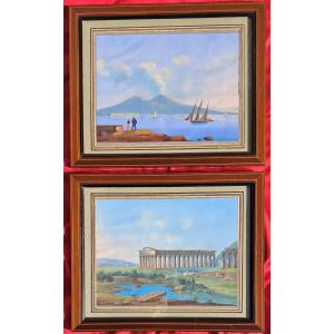 Pair Of Neapolitan Gouache Paintings, Italy, Vesuvius, Naples, Antiquity, Paestum, Greek Temple, Grand Tour 