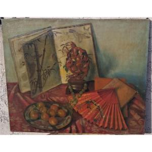 Tableau nature morte orientaliste Extrême Orient Asiatique éventail Louise CHIMOT Barcelone