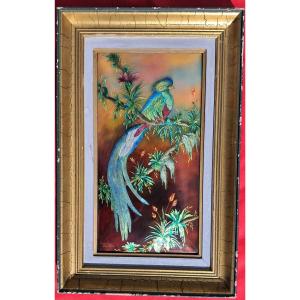 Grand émail Limoges Camille FAURE oiseau exotique Perroquet fleurs plaque d'Argent Limousin 