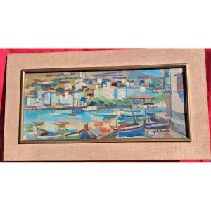 Tableau huile années 70 Auguste HARZIG PORT Marine CADAQUÉS ESPAGNE BENEZIT Dali CATALOGNE 
