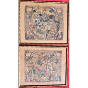 Paire de cartes Gravures XVIIe aquarelle HONDIUS zodiaque Astronomie baroque planète mythologie