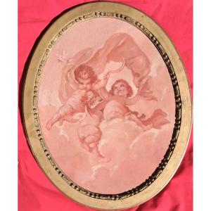 Tableau ovale Louis XV François Boucher Putti Angelot XVIIIe XIXe Napoléon III rose allégorie 