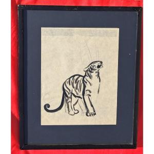 Watercolor By Georges Lucien Guyot: Panther Sniffing A Fauve Cat, Art Deco, Pompon Jouve