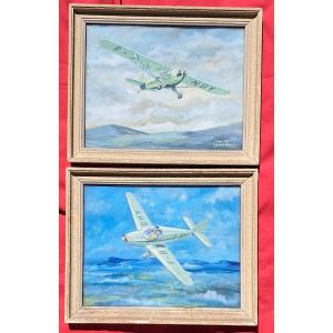 Paire gouaches Avion Aviation Louis PETIT SIPA PIPER Club Armée de l'air aéronautique espace