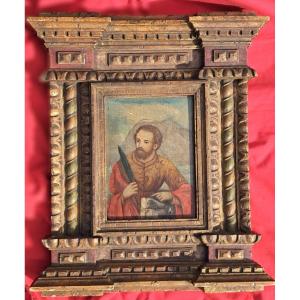 Portrait Saint Pierre XVIIIe cadre bois sculpté XIXe style Haute Époque religion catholique