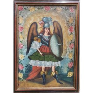 Oil On Canvas School Of Cuzco Late Nineteenth Angel Arquebusier Escuela Cusqueña