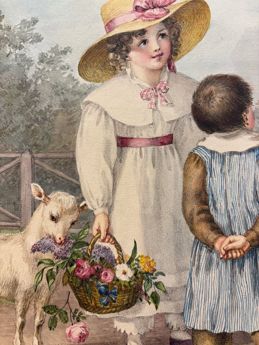 Lithographie aquarellée 19ème "enfants et jeune musicien"-photo-3