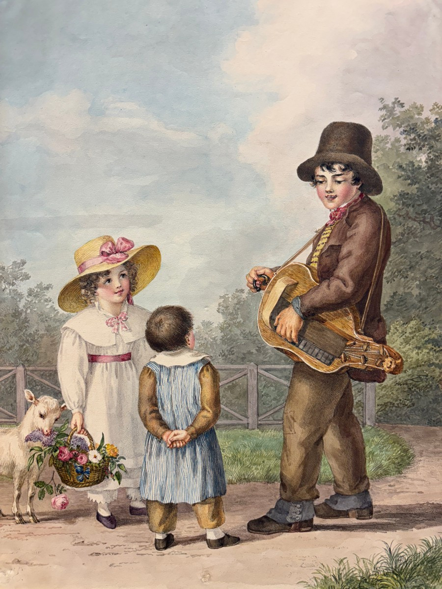 Lithographie aquarellée 19ème "enfants et jeune musicien"