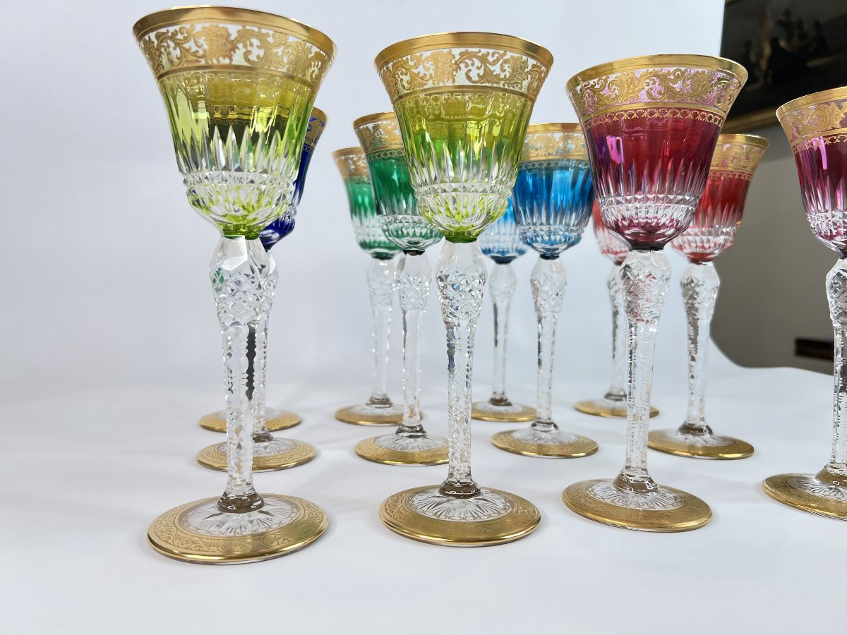12 verres Saint Louis en cristal colorés et ornés d'or-photo-2