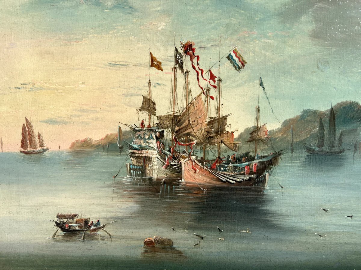 Oil On Canvas, 1800 Boats Sailing In Macao Bay-photo-2
