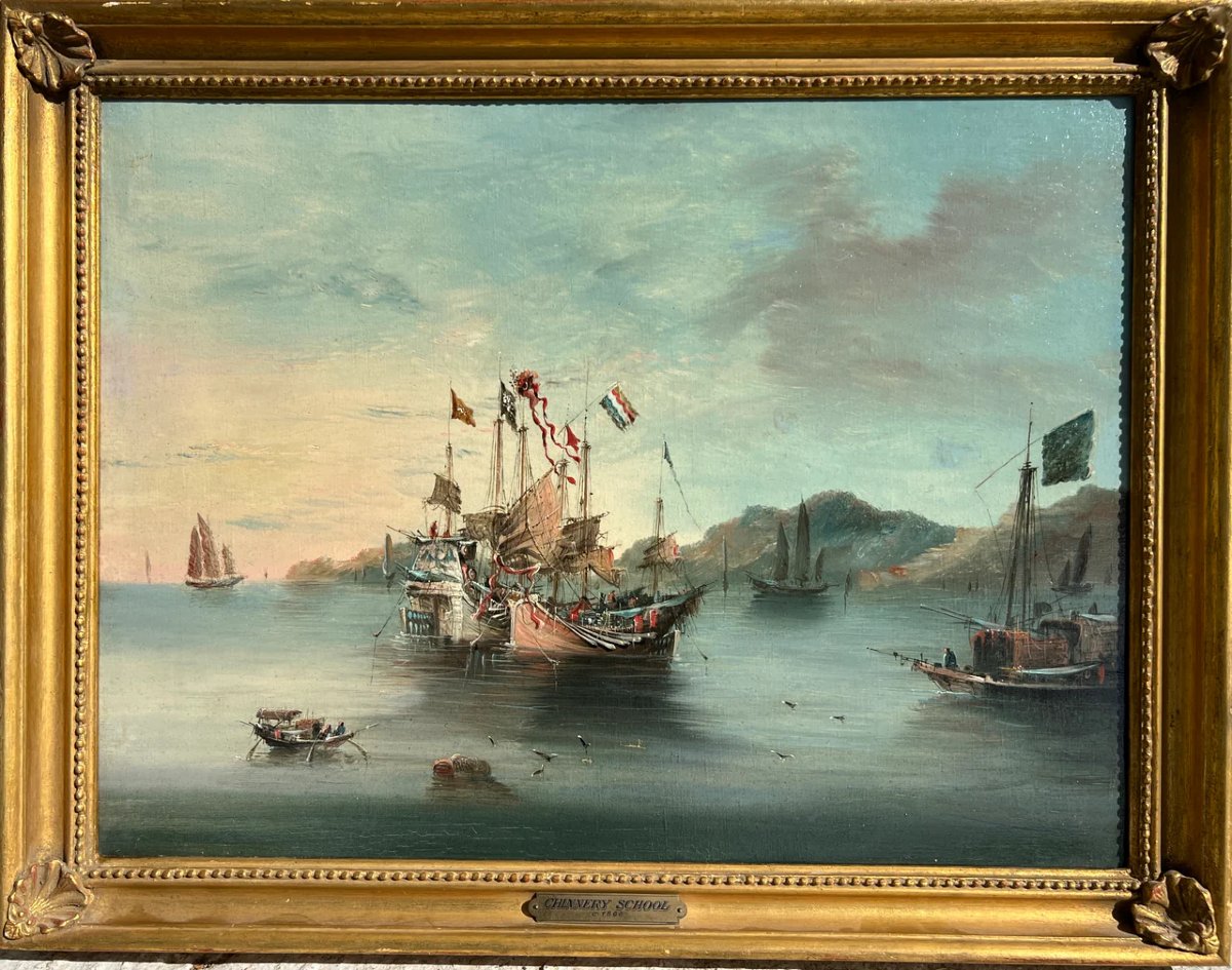 Oil On Canvas, 1800 Boats Sailing In Macao Bay-photo-4