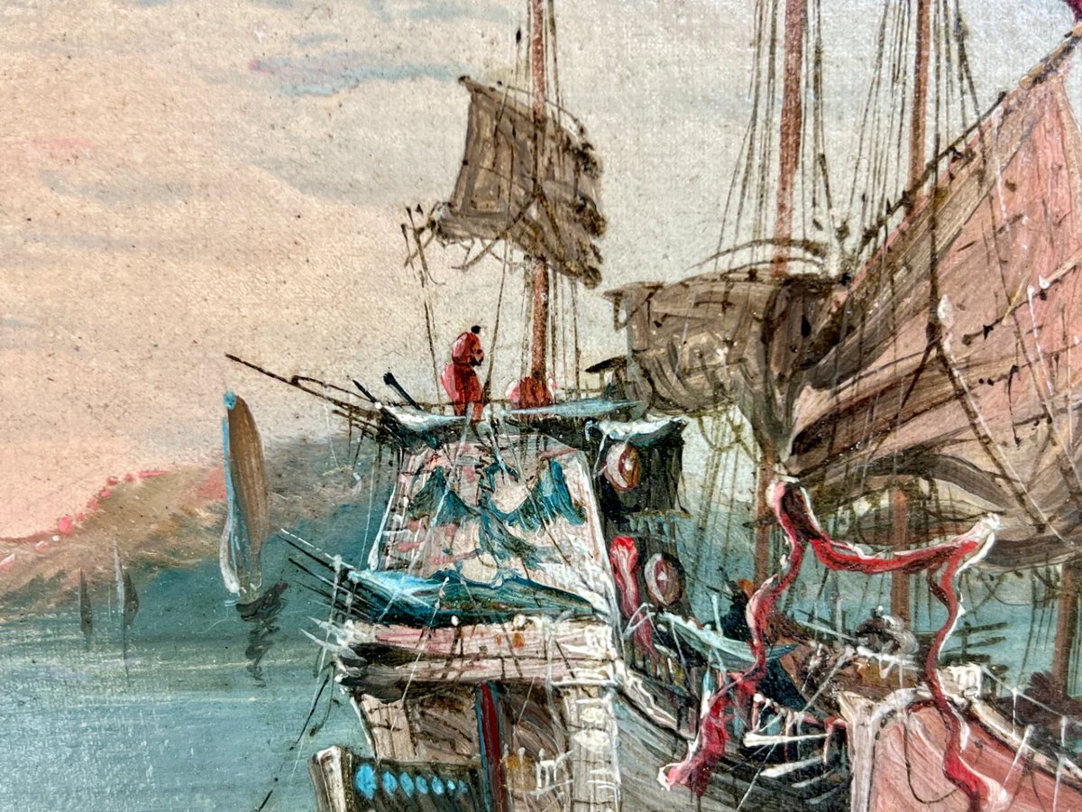 Oil On Canvas, 1800 Boats Sailing In Macao Bay-photo-3