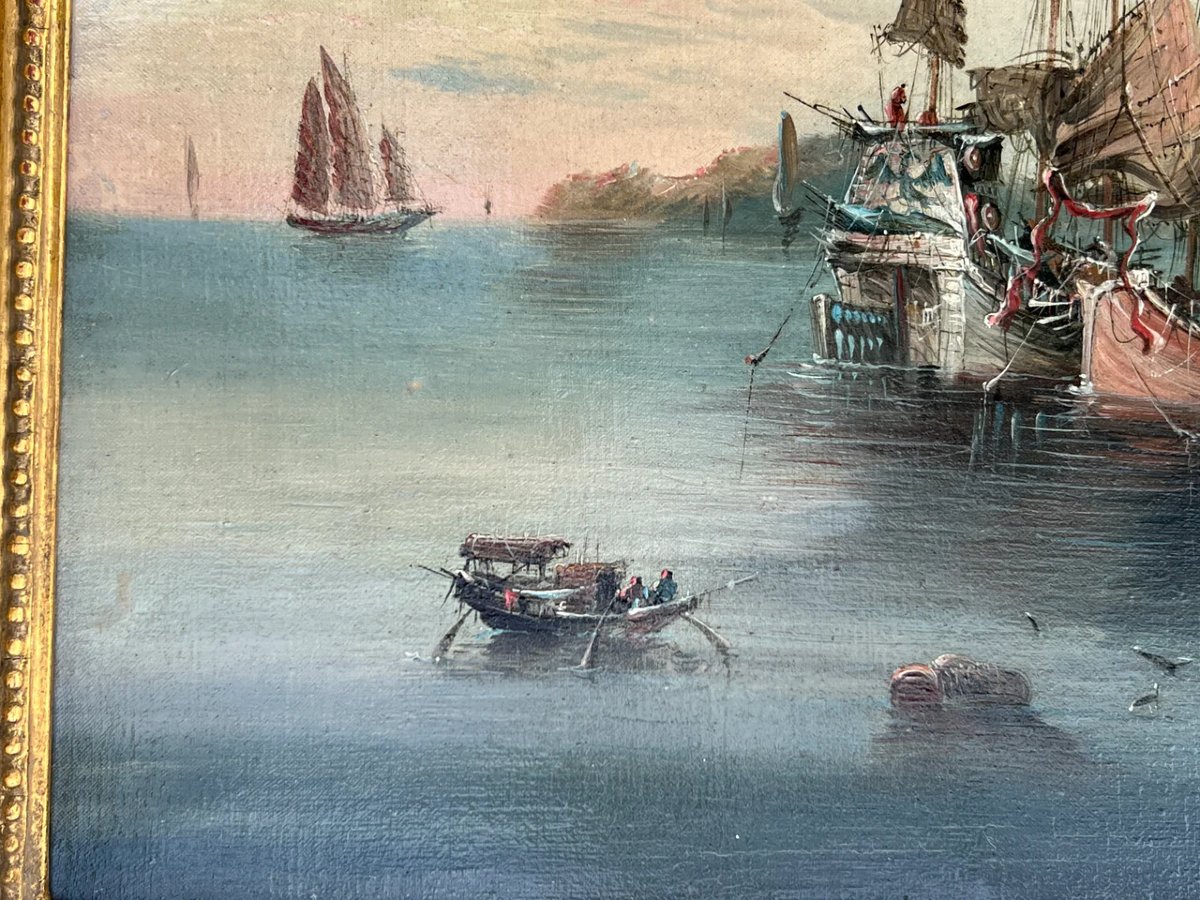 Oil On Canvas, 1800 Boats Sailing In Macao Bay-photo-4