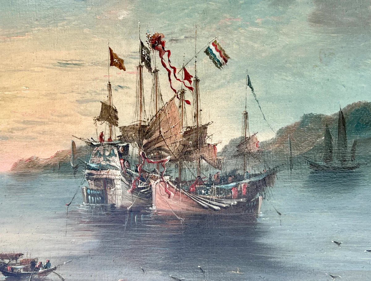 Oil On Canvas, 1800 Boats Sailing In Macao Bay-photo-6