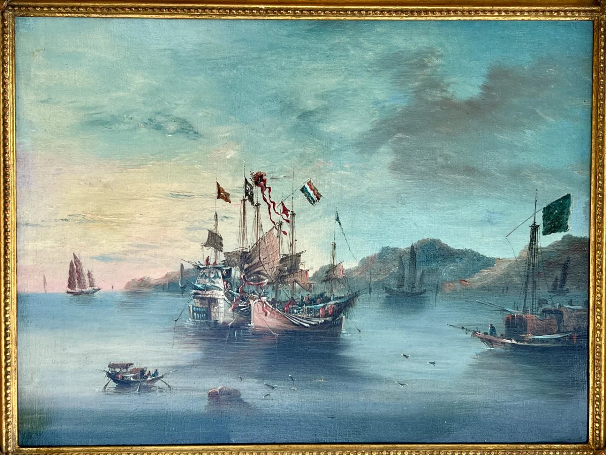 Oil On Canvas, 1800 Boats Sailing In Macao Bay-photo-7