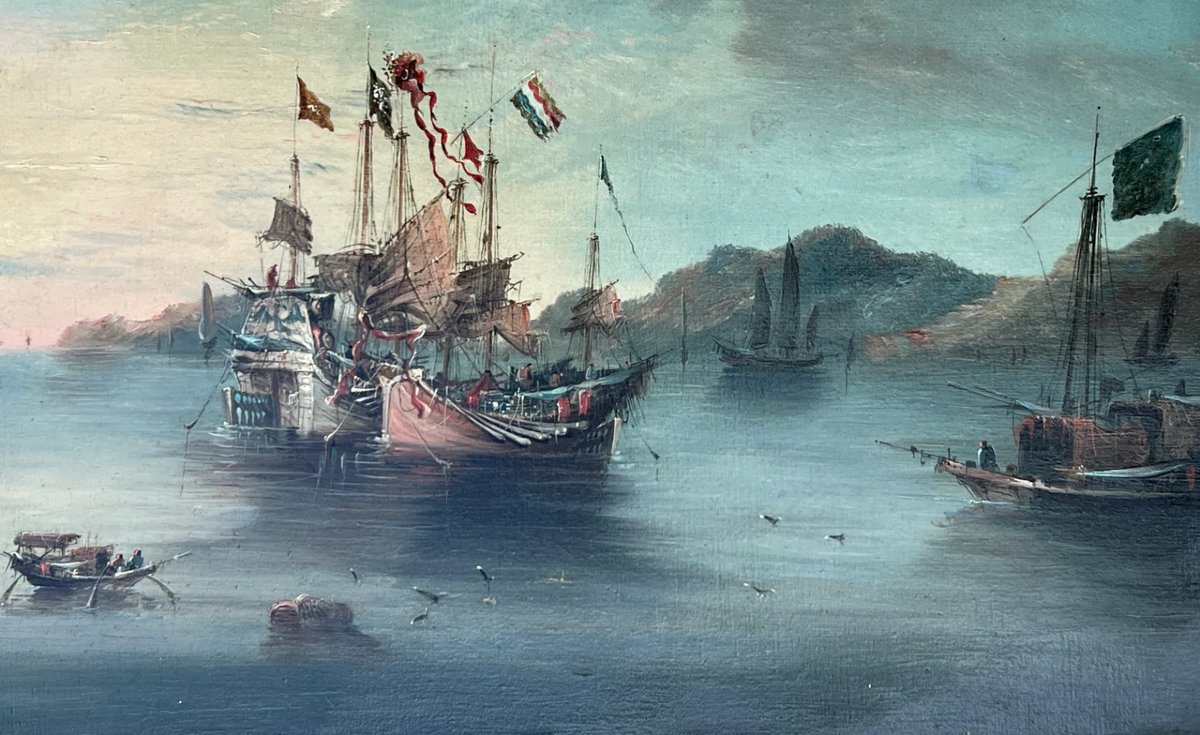 Oil On Canvas, 1800 Boats Sailing In Macao Bay-photo-8