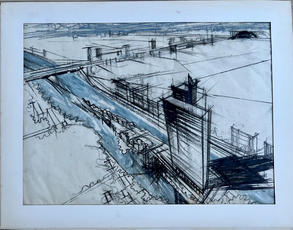 Projet d'élégants dessins pour la construction d'une tour sur une île en 1963