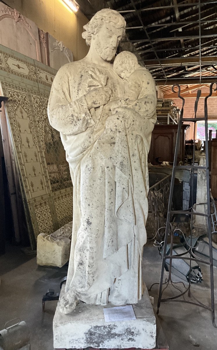 Statue en Pierre dur calcaire  St Joseph avec l’enfant Jésus 
