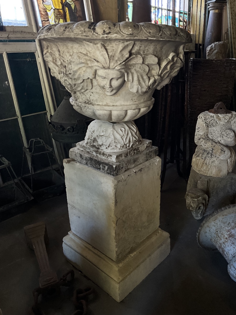 Marble Basin Decorated With Masks Featuring Hair Made Of Leaves;