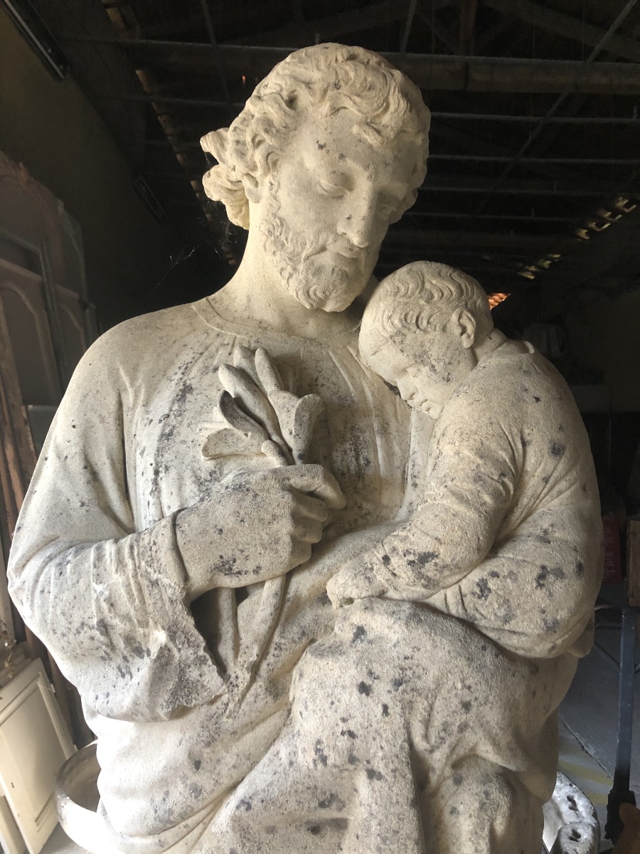 Stone Sculpture Of Saint Joseph With The Child, Signed And Dated 1858 On The Base: Louis Coeffard -photo-2