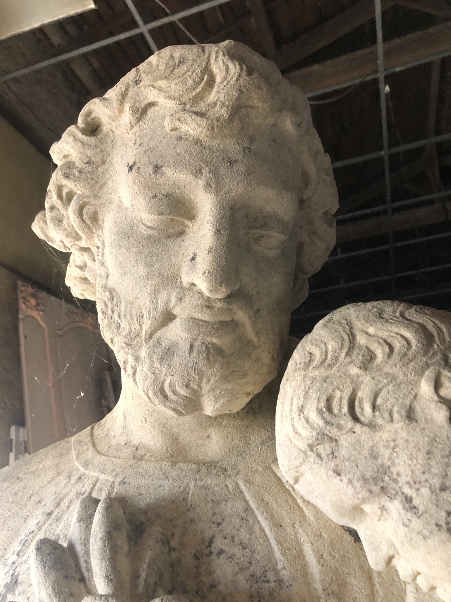 Stone Sculpture Of Saint Joseph With The Child, Signed And Dated 1858 On The Base: Louis Coeffard -photo-3