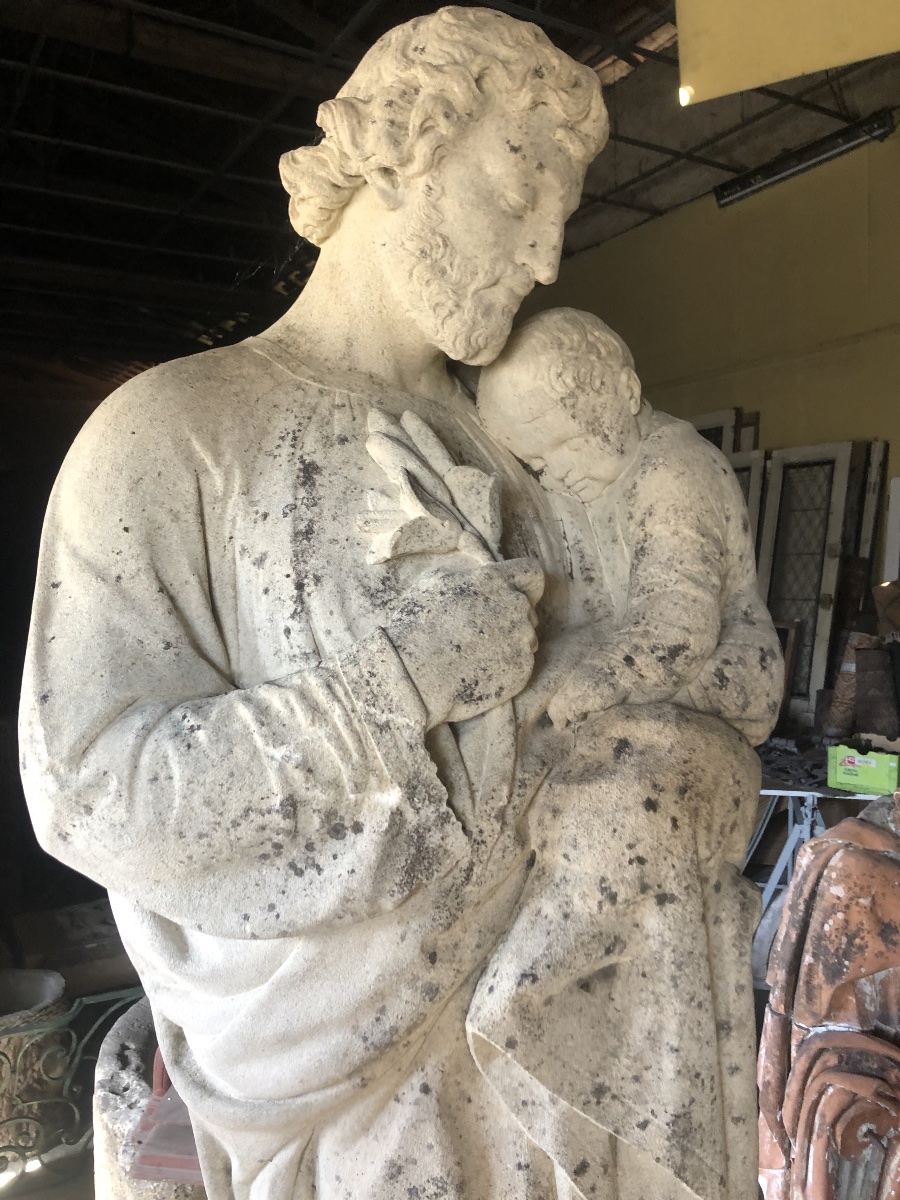 Stone Sculpture Of Saint Joseph With The Child, Signed And Dated 1858 On The Base: Louis Coeffard -photo-4