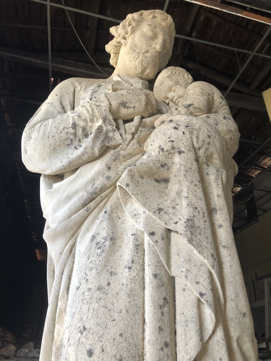Stone Sculpture Of Saint Joseph With The Child, Signed And Dated 1858 On The Base: Louis Coeffard 